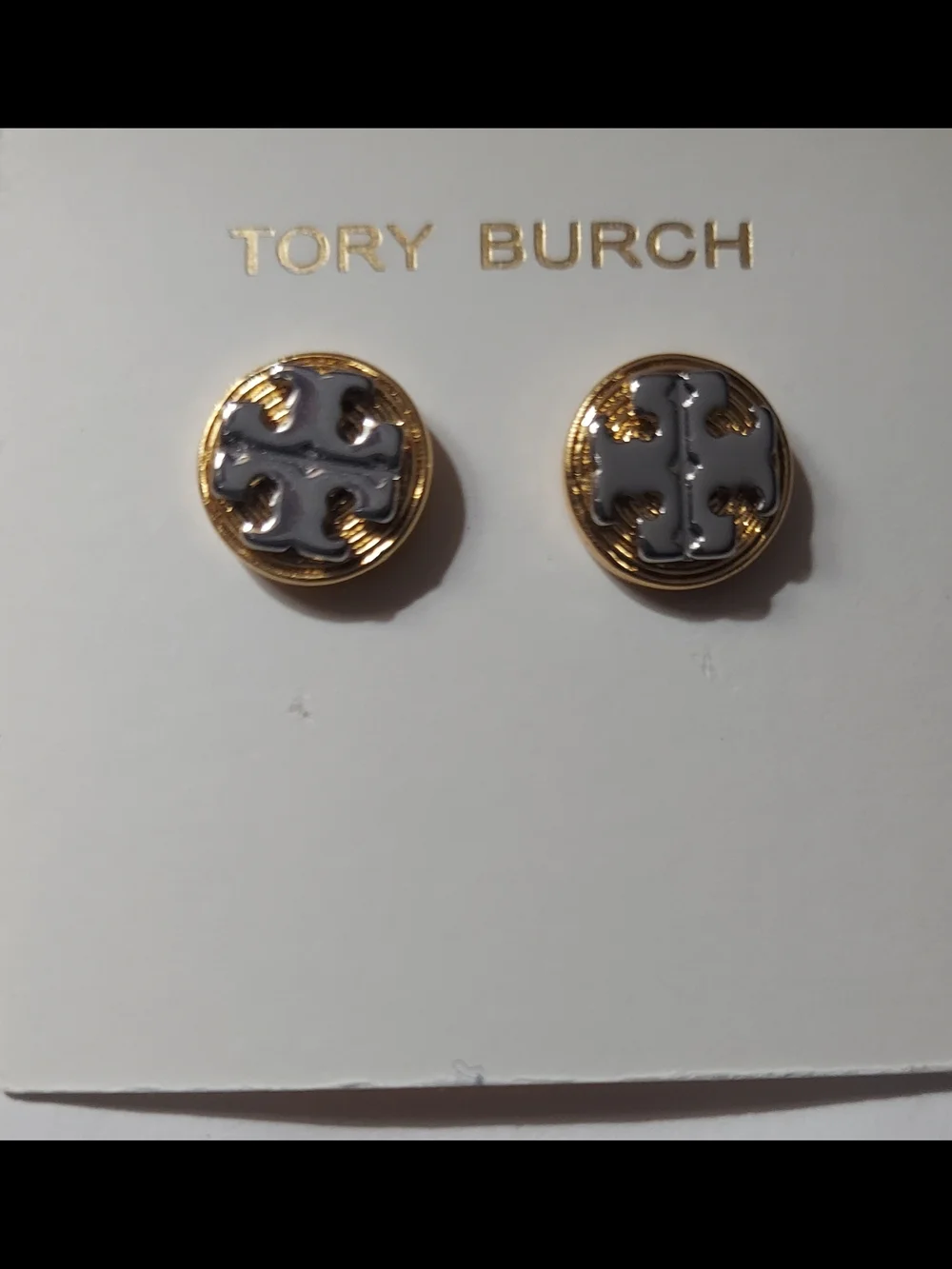 Tory Burch Gold and Silver Logo Round Stud Earrings